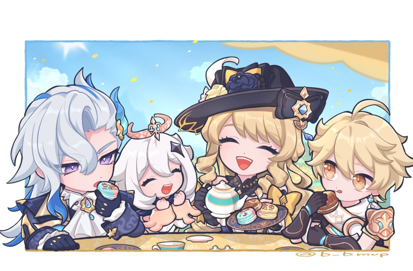 2boys 2girls :d :o :q ^_^ aether_(genshin_impact) ahoge arm_guards artist_name ascot asymmetrical_bangs b_bmvp black_bow black_cape black_flower black_gloves black_headwear black_shirt blonde_hair blue_coat blue_hair blue_sky blush border bow brooch cape chibi clenched_hands closed_eyes closed_mouth cloud coat commentary_request cup day detached_collar drill_hair drill_sidelocks earrings eating eyelashes flower food frilled_sleeves frills genshin_impact gloves hair_between_eyes hair_ornament halo hand_up hands_up hat hat_flower highres holding holding_food holding_plate holding_teapot jewelry licking_lips long_hair long_sleeves looking_at_another macaron medium_hair multicolored_hair multiple_boys multiple_girls navia_(genshin_impact) neuvillette_(genshin_impact) open_mouth outdoors outside_border paimon_(genshin_impact) parted_bangs petals plate purple_eyes romper saucer scarf shirt short_sleeves sidelocks single_earring sky sleeve_cuffs smile star_(symbol) star_hair_ornament streaked_hair sun table teacup teapot teeth tongue tongue_out twitter_username upper_body upper_teeth_only white_ascot white_border white_hair white_romper white_scarf yellow_bow yellow_eyes yellow_flower