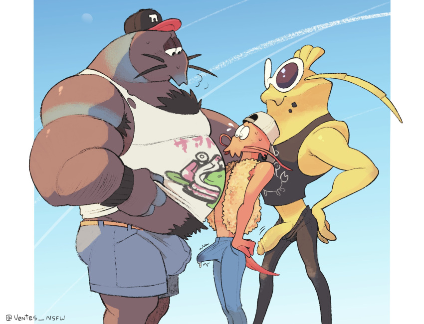 anthro arthropod bisk_(splatoon) bottomwear bulge clothed clothing coconut_crab crab crustacean crusty_sean decapoda erection erection_under_clothing genitals group hi_res humanoid_genitalia humanoid_penis malacostracan male male/male marine mr._coco_(splatoon) nintendo paguroid pants penis prawn shorts size_difference spider_crab splatoon trio ventesthefloof