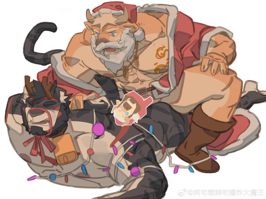 2boys a_zhai_ran_shao_ba_bao_zha_da_mo_wang absurdres animal_ears antlers bara bare_pectorals beard black_fur brown_fur censored character_censor chibi chibi_inset christmas couple cow_ears cow_horns facial_hair full_beard full_body furry furry_male hat highres horns iron_mane_(accepted42) lying male_focus mature_male minotaur multiple_boys muscular muscular_male novelty_censor on_stomach original pectorals penis penis_on_ass reindeer_antlers santa_costume santa_hat thick_beard thick_eyebrows tiger_boy tiger_ears yaoi