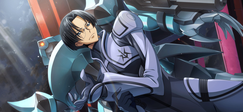 1boy armor artist_request asahina_shougo black_hair blue_eyes blue_sky bodysuit closed_mouth cloud code_geass code_geass:_lost_stories cropped_vest dutch_angle forehead game_cg gekka_(code_geass) glasses grey_bodysuit grey_vest hair_intakes hand_up highres light_particles light_rays looking_at_viewer male_focus mecha night non-web_source official_art outdoors rimless_eyewear robot round_eyewear short_hair shoulder_armor sky solo standing v-shaped_eyebrows vest