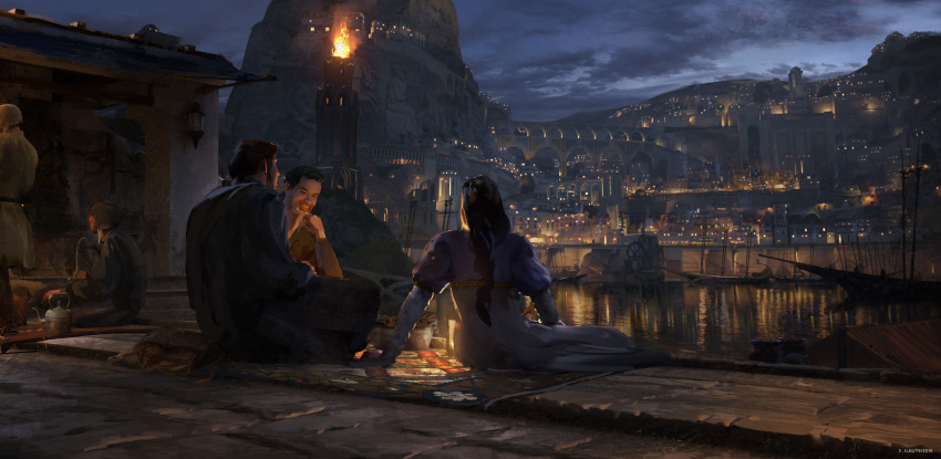 1girl 4boys absurdres arm_support braid bridge city city_lights cobblestone dress fantasy fire from_behind highres laughing mountain multiple_boys night night_sky numenor official_art reflection reflective_water renart rings_of_power river sky teapot tolkien's_legendarium trireme watercraft watermark waterwheel white_dress