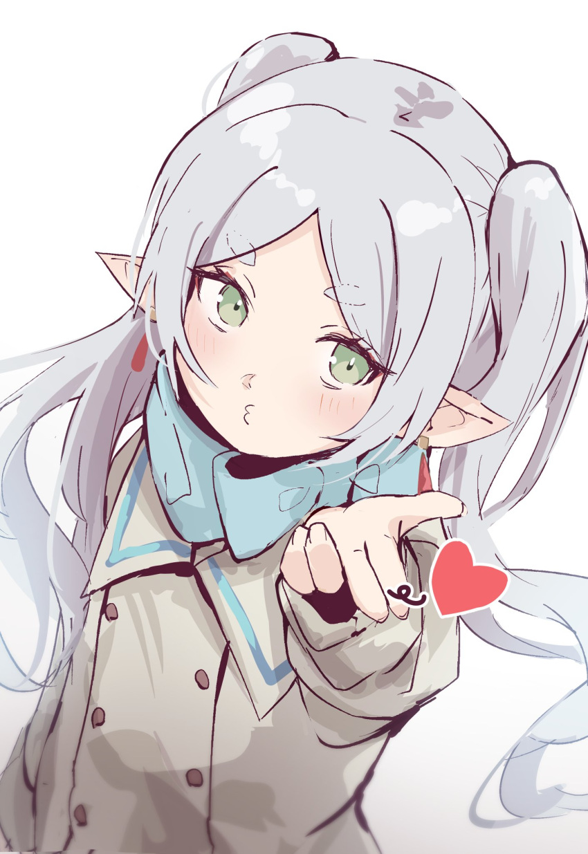 1girl blowing_kiss blue_bow blue_scarf blush bow brown_coat buttons coat commentary_request double-breasted earrings elf eyelashes frieren frieren_blowing_a_kiss_(meme) green_eyes grey_hair heart highres jewelry looking_at_viewer looking_to_the_side meme o3o parted_bangs pointing pointing_at_viewer pointy_ears puckered_lips scarf scarf_bow shin_murasame short_eyebrows sideways_glance sousou_no_frieren thick_eyebrows twintails w