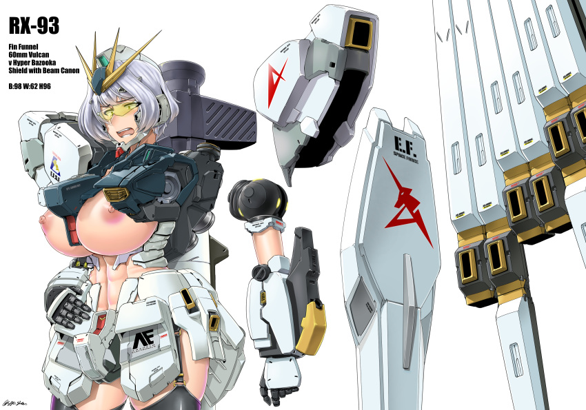 abs absurdres armor bangs between_breasts black_legwear blush breasts buckle char's_counterattack character_profile cowboy_shot curvy ear_protection embarrassed english eyebrows_visible_through_hair fang fin_funnels furrowed_eyebrows garter_straps gundam headgear headpiece highres huge_breasts looking_down measurements mecha_musume nipples nu_gundam open_mouth personification saizu_nitou_gunsou severed_limb shield short_hair silver_hair simple_background solo standing tears thighhighs twitter_username visor white_background wide-eyed yellow_eyes
