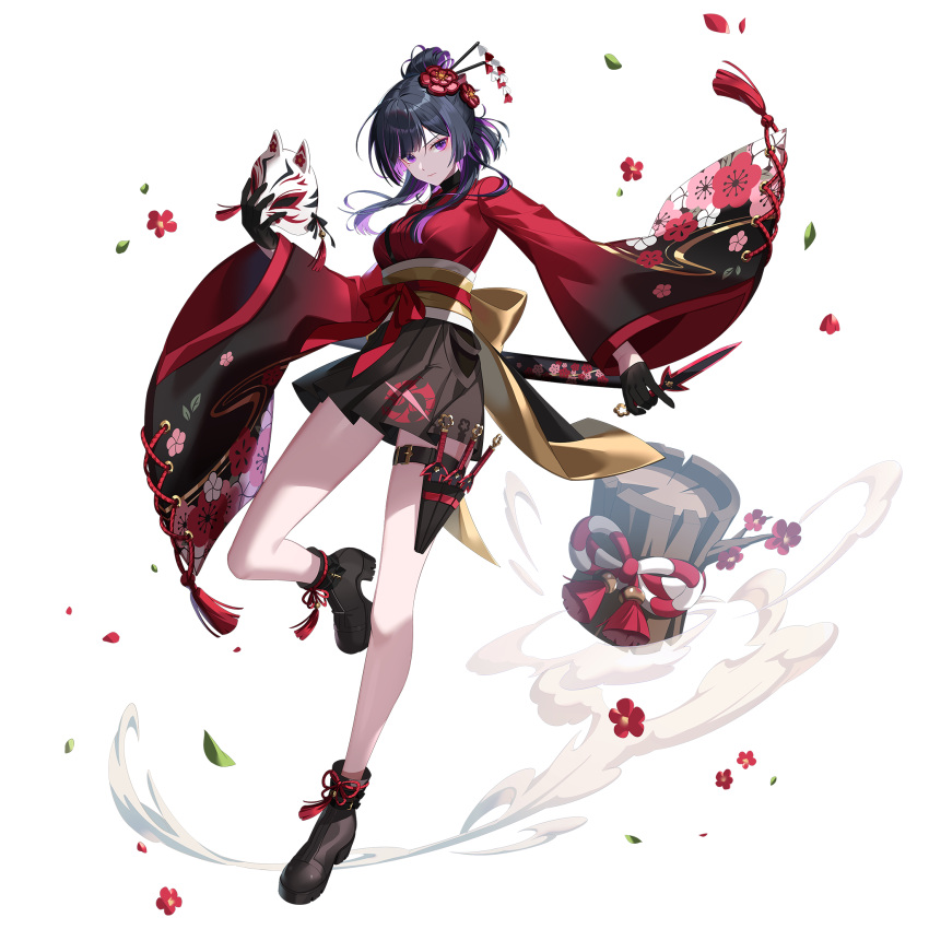 1girl black_gloves black_hair black_skirt black_survival boots breasts closed_mouth eternal_return:_black_survival floral_print_kimono flower fox_mask full_body gloves hair_ornament hairpin highres holding holding_mask holding_weapon japanese_clothes kimono kunai leaf log long_hair long_sleeves looking_at_viewer mask medium_breasts miniskirt mole mole_under_eye multicolored_hair ninja official_alternate_costume official_art petals purple_eyes purple_hair red_kimono red_shirt shirt short_sword simple_background skirt solo streaked_hair sword thigh_strap transparent_background tsubame_(black_survival) weapon wind
