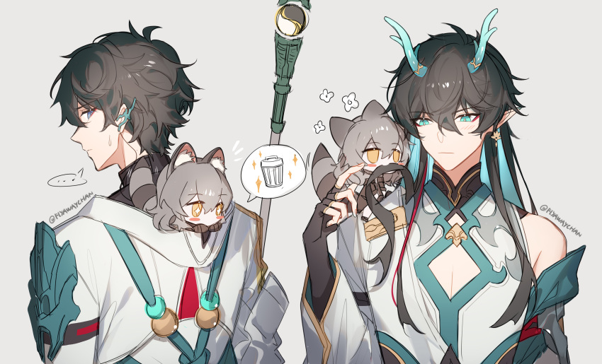 1boy 1girl absurdres animal_ears aqua_eyes aqua_horns black_gloves black_hair chibi closed_mouth clothing_cutout dan_heng_(honkai:_star_rail) dan_heng_(imbibitor_lunae)_(honkai:_star_rail) detached_sleeves dragon_boy earrings fingerless_gloves flyawaychan gloves grey_hair highres honkai:_star_rail honkai_(series) horns jewelry long_hair pointy_ears raccoon_ears raccoon_girl raccoon_tail short_hair simple_background stelle_(honkai:_star_rail) tail trailblazer_(honkai:_star_rail) yellow_eyes