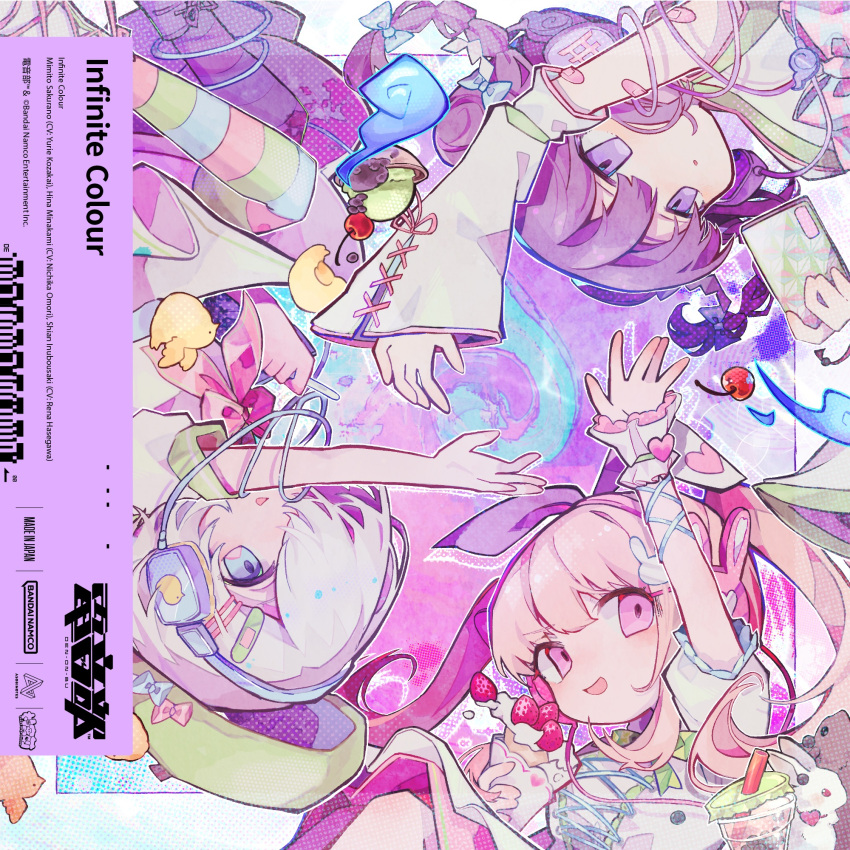 3girls album_cover arm_up bandaid bandaid_on_arm blue_eyes bow braid cherry circle_formation cover crepe cup denonbu detached_sleeves disposable_cup double_bun food fruit grey_hair hair_bow hair_bun hair_ornament hair_over_one_eye headphones highres holding holding_food holding_phone inubousaki_shian long_hair long_sleeves looking_at_viewer minakami_hina multiple_girls neckerchief official_alternate_costume official_art open_mouth outstretched_arm phone pink_eyes pink_hair pink_neckerchief puffy_short_sleeves puffy_sleeves purple_eyes purple_hair rabbit_hair_ornament sakurano_mimito second-party_source short_hair short_sleeves smile song_name soresaki strawberry twin_braids twintails upside-down wide_sleeves wrist_cuffs