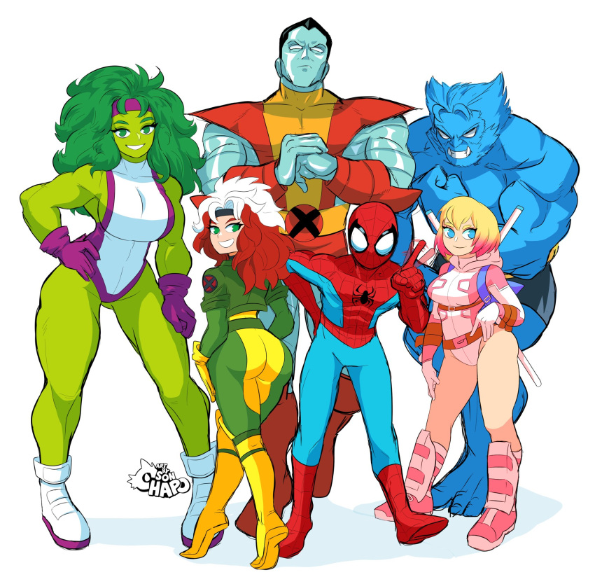 3boys 3girls antenna_hair armor ass backpack bag beast_(x-men) belt_buckle biceps big_hair black_hair black_headband blonde_hair blue_bodysuit blue_eyes blue_skin bodysuit boots breasts buckle colored_skin colossus_(x-men) cracking_knuckles cropped_jacket finger_wagging flexing full_body gloves gradient_hair greaves green_eyes green_hair green_jacket green_skin gwenpool hand_on_own_hip hand_on_own_thigh headband height_difference highres hood hood_down hooded_leotard in-franchise_crossover jacket knee_boots knee_pads large_breasts leotard long_hair marvel medium_breasts metal_skin multicolored_bodysuit multicolored_clothes multicolored_hair multiple_boys multiple_girls muscular muscular_female muscular_male no_pupils pink_hair purple_gloves purple_headband red_hair rogue_(x-men) she-hulk shoes short_hair sideboob sneakers sonchapo spider-man spider-man_(series) split-color_hair superhero tiptoes tusks two-tone_hair weapon weapon_on_back white_hair white_leotard x-men yellow_footwear yellow_gloves