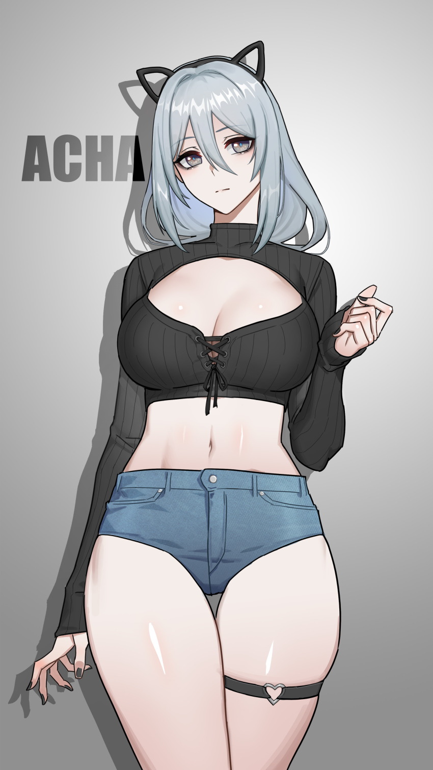 1girl absurdres animal_ears black_sweater blue_shorts breasts cat_ears cleavage cleavage_cutout closed_mouth clothing_cutout cowboy_shot cropped_sweater grey_background grey_eyes grey_hair hair_between_eyes hand_up hanya_(honkai:_star_rail) highres honkai:_star_rail honkai_(series) large_breasts looking_at_viewer micro_shorts ribbed_sweater shorts simple_background solo sweater thigh_strap w.q.y