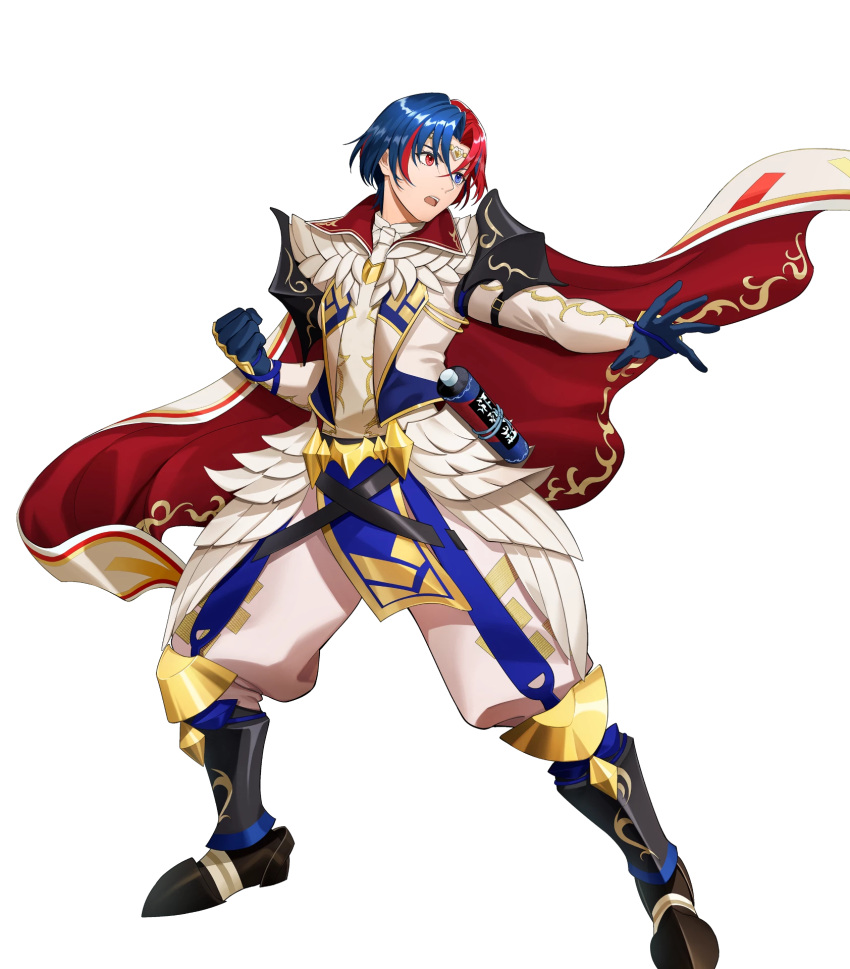 1boy alear_(engaging_fire)_(fire_emblem) attack black_footwear blue_eyes blue_gloves blue_hair cape circlet clenched_hand fire_emblem fire_emblem_engage gloves gold_trim heterochromia highres mikurou_(nayuta) multicolored_cape multicolored_clothes non-web_source official_alternate_costume open_mouth pelvic_curtain red_cape red_eyes red_hair scroll solo upper_body white_cape