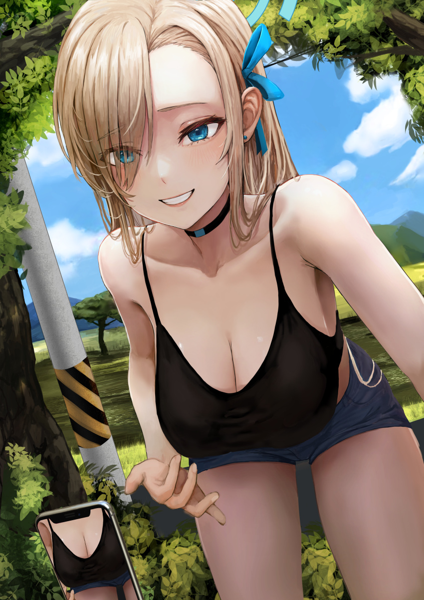 1girl 1other absurdres aegyo_sal aqua_eyes asuna_(blue_archive) blue_archive blue_shorts blush breasts cellphone_photo cleavage collarbone commentary earrings hair_over_one_eye highres jewelry large_breasts light_brown_hair looking_at_another out_of_frame outdoors sagging_breasts short_shorts shorts smile solo_focus stud_earrings suang