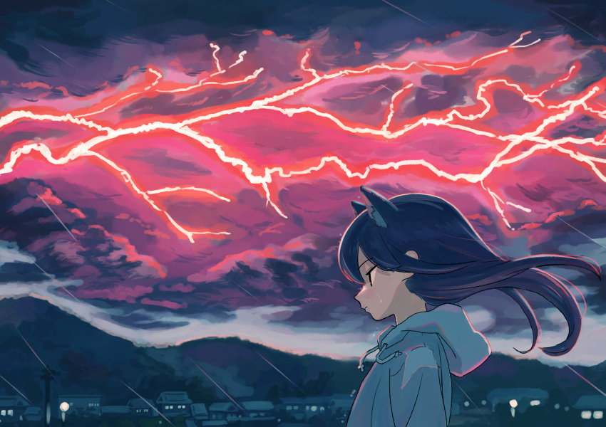 1girl animal_ears black_cloud black_hair cat_ears city_lights cloud cloudy_sky commentary_request expressionless floating_hair highres hood hoodie lightning long_hair looking_to_the_side mountain mountainous_horizon nerio_(neri_akira) original outdoors profile purple_sky rain red_lightning scenery sky solo standing twilight utility_pole wind