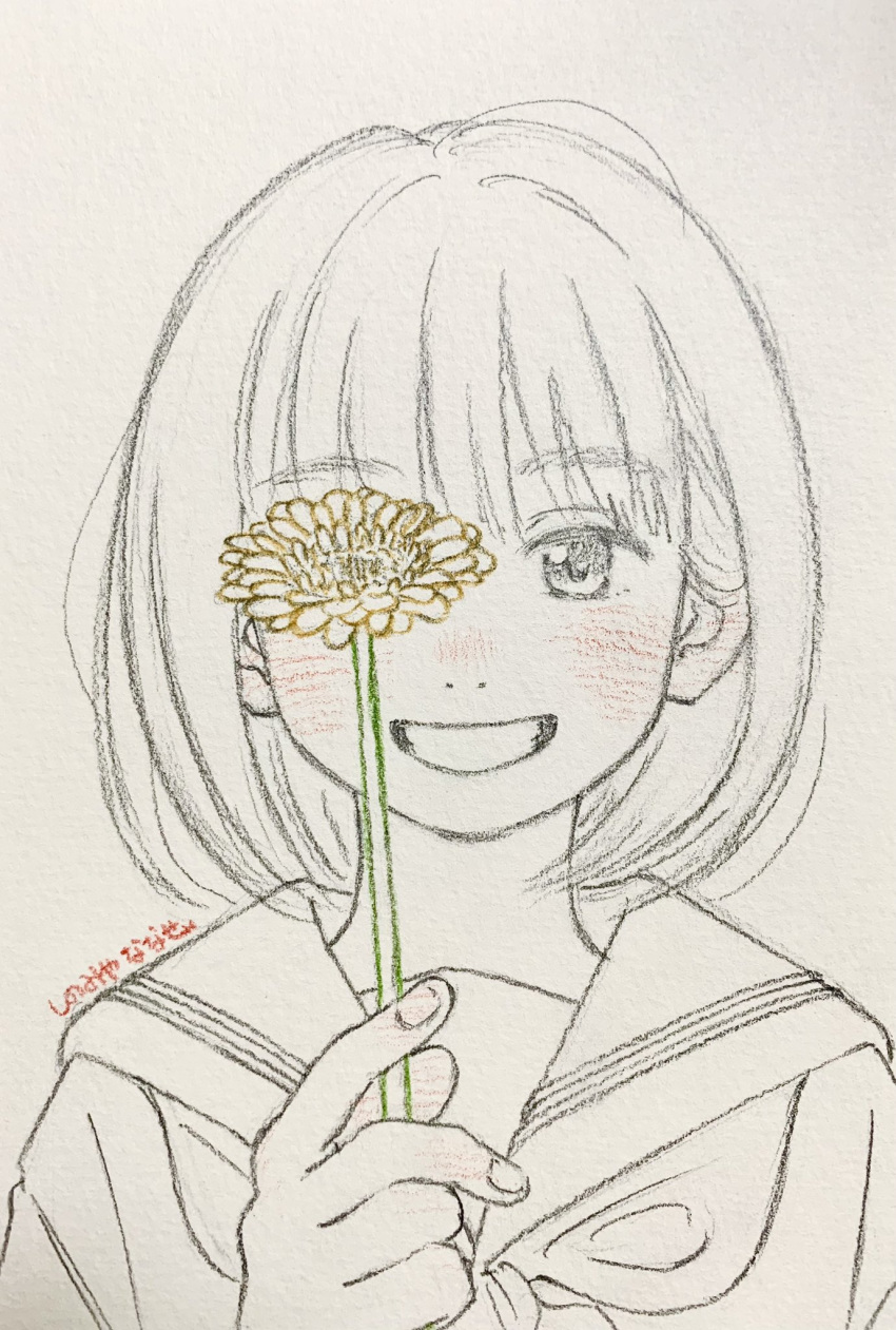 1girl :d artist_name blush covering_own_eyes flower graphite_(medium) greyscale grin highres holding holding_flower long_bangs long_sleeves looking_at_viewer medium_hair monochrome nanase774938 neckerchief open_mouth original sailor_collar shirt sidelocks smile solo spot_color straight-on teeth traditional_media yellow_flower