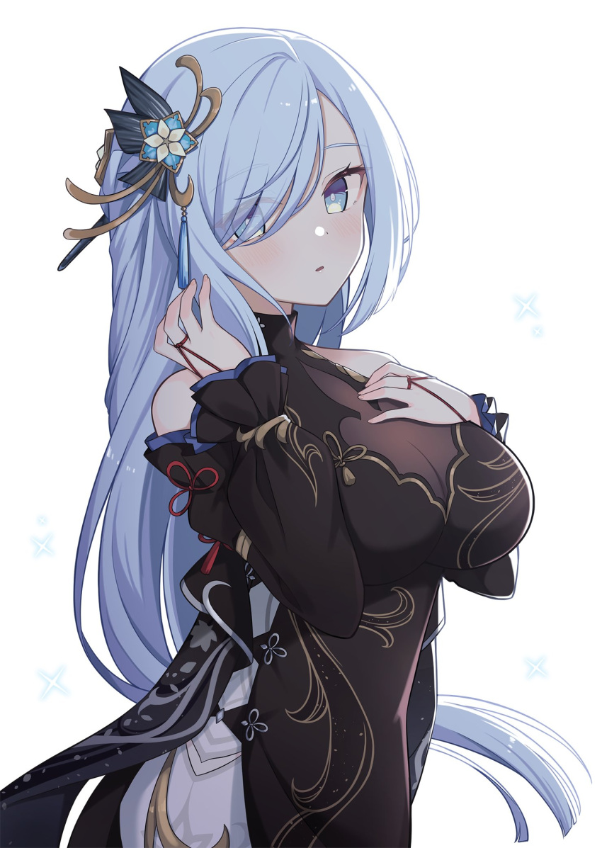 1girl black_dress black_sleeves blue_eyes blue_hair breasts cleavage detached_sleeves dress genshin_impact hair_ornament hair_over_one_eye highres large_breasts light_blue_hair long_hair looking_at_viewer official_alternate_costume official_alternate_hairstyle open_mouth see-through see-through_cleavage shenhe_(frostflower_dew)_(genshin_impact) shenhe_(genshin_impact) simple_background sleeveless sleeveless_dress solo taiyaki_(astre) upper_body white_background