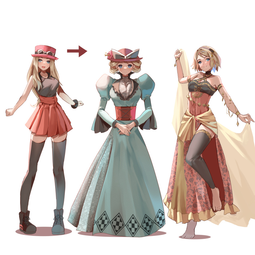 1girl arabian_clothes armlet blonde_hair blue_eyes blush breasts circlet closed_mouth dancer dress eyelashes hat highres long_dress long_hair long_sleeves looking_at_viewer momdy_(talesshinja) open_mouth pokemon pokemon_xy serena_(pokemon) shirt short_hair skirt sleeveless sleeveless_shirt smile sunglasses thighhighs