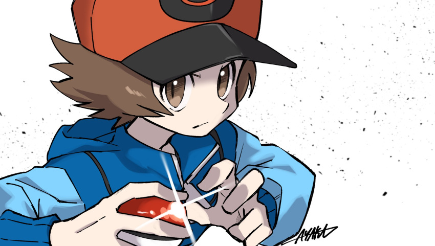 1boy ayakadegozans baseball_cap blue_jacket brown_eyes brown_hair closed_mouth commentary_request glint hat highres hilbert_(pokemon) holding holding_poke_ball jacket male_focus poke_ball poke_ball_(basic) poke_ball_print pokemon pokemon_bw print_headwear red_headwear short_hair signature simple_background sleeves_past_wrists solo upper_body v-shaped_eyebrows white_background