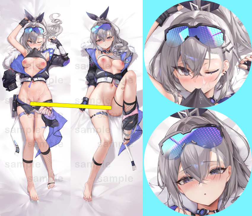 1girl black_gloves black_ribbon black_shorts black_socks blush breasts censored clothes_pull cum cum_on_body cum_on_breasts daefny dakimakura_(medium) ear_piercing facial fingerless_gloves fishnet_socks fishnets fur-trimmed_jacket fur_trim gloves goggles goggles_on_head grey_hair hair_between_eyes hair_ornament hair_ribbon hairclip highres honkai:_star_rail honkai_(series) jacket looking_at_viewer lying medium_breasts mouth_pull multiple_views nipples on_back one_eye_closed parted_lips piercing ponytail ribbon sample_watermark shorts shorts_pull silver_wolf_(honkai:_star_rail) single_sock socks watermark