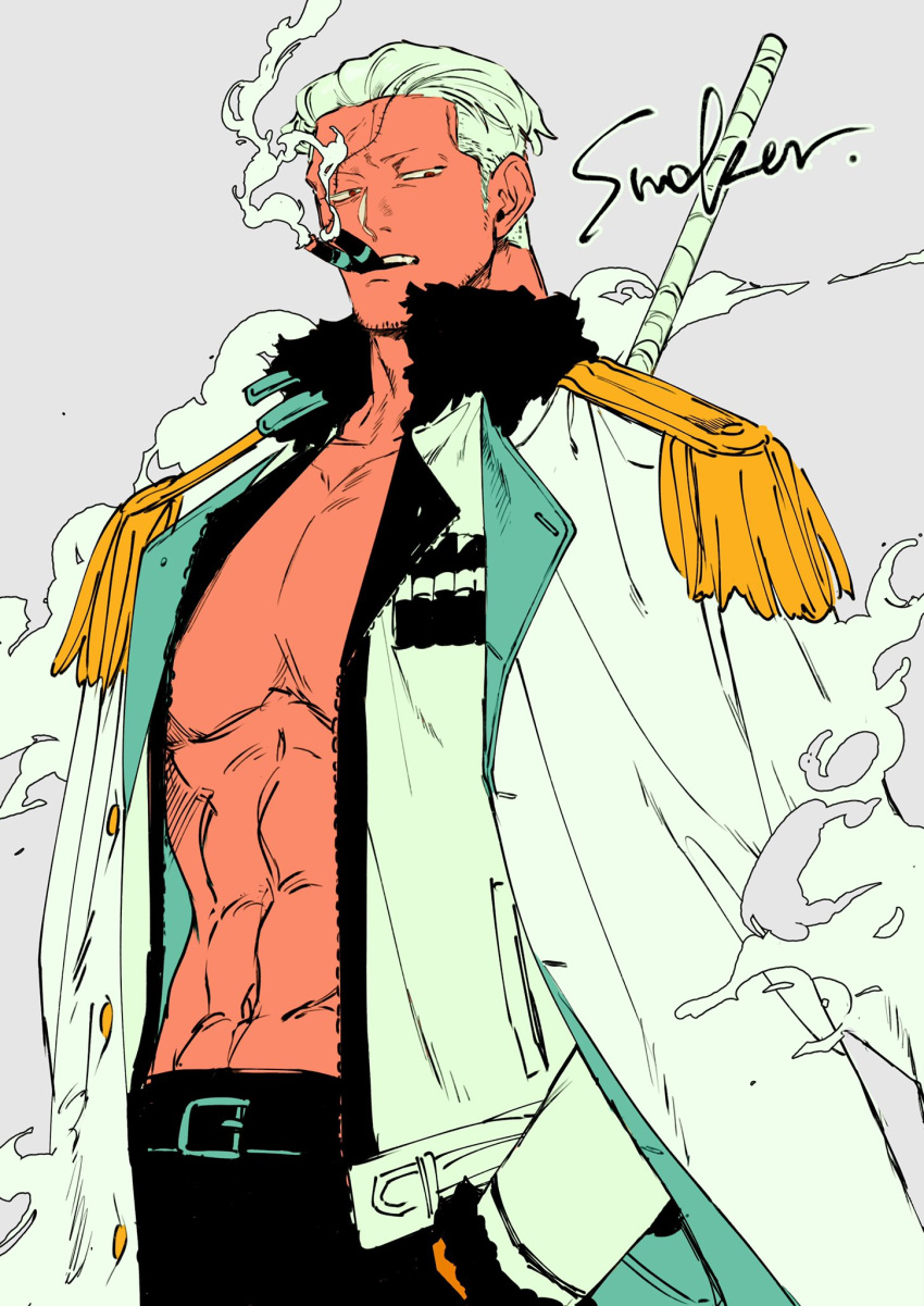 1boy abs character_name cigar coat coat_on_shoulders commentary_request cowboy_shot epaulettes hand_in_pocket highres jacket kabane_(rjev8385) looking_to_the_side male_focus one_piece smoke smoker_(one_piece) solo undercut white_hair white_jacket