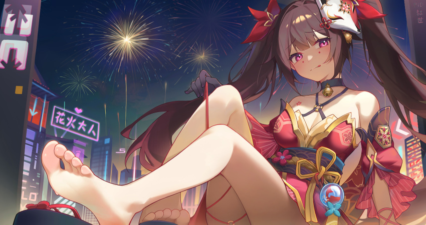 1girl :p arm_at_side arm_rest bare_shoulders barefoot black_gloves blush bow brown_hair building city closed_mouth dress feet fireworks floating_hair foreshortening fox_mask full_body gloves gradient_hair hair_bow highres hongshi_(13234456009) honkai:_star_rail honkai_(series) knees_up long_hair looking_at_viewer mask mask_on_head multicolored_hair night night_sky obi outdoors pink_eyes red_bow red_dress red_hair sash short_dress sitting sky sleeveless sleeveless_dress smile soles solo sparkle_(honkai:_star_rail) toes tongue tongue_out twintails very_long_hair