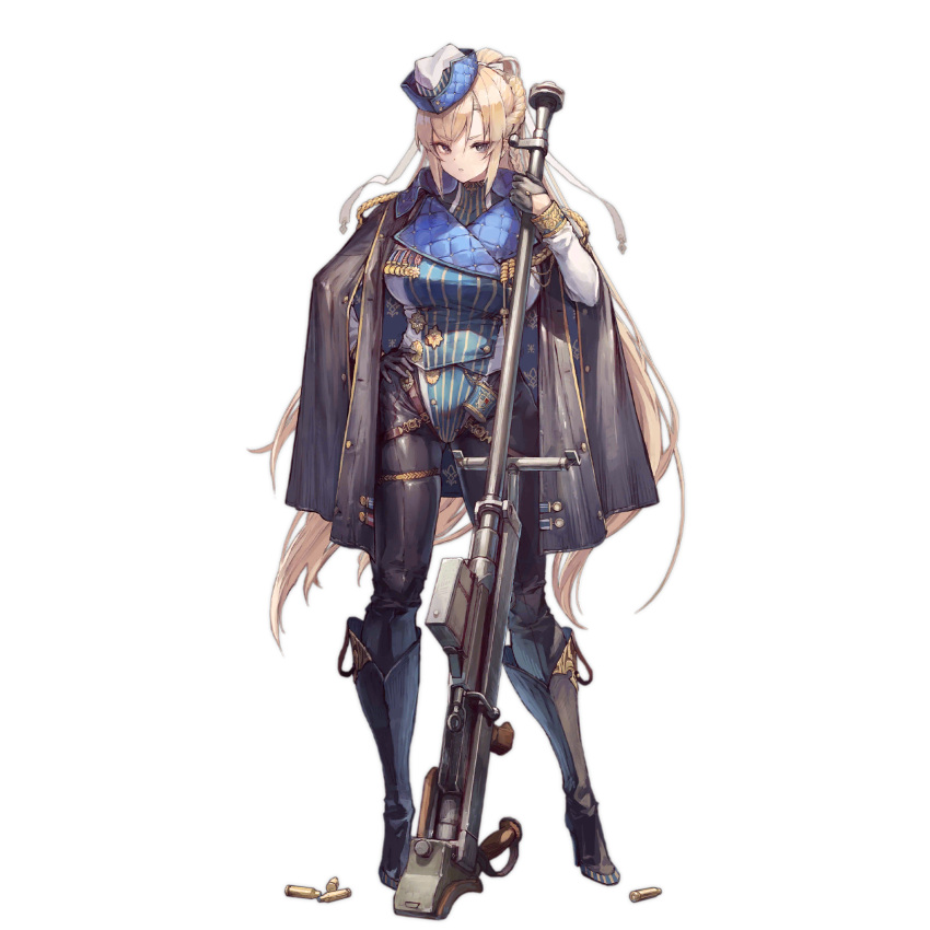 1girl anti-materiel_rifle black_eyes black_footwear black_gloves black_jacket black_pants blonde_hair blue_headwear boots boys_(girls'_frontline) boys_anti_tank_rifle braid closed_mouth french_braid full_body girls'_frontline gloves gun half_gloves hand_on_own_hip hat highres holding holding_gun holding_weapon jacket jacket_on_shoulders knee_boots leotard long_hair long_sleeves looking_at_viewer medal multicolored_clothes multicolored_headwear multicolored_leotard official_art pants rifle shell_casing simple_background sniper_rifle solo standing striped_clothes striped_leotard suzuno_(bookshelf) third-party_source transparent_background vertical-striped_clothes vertical-striped_leotard very_long_hair weapon white_headwear white_leotard