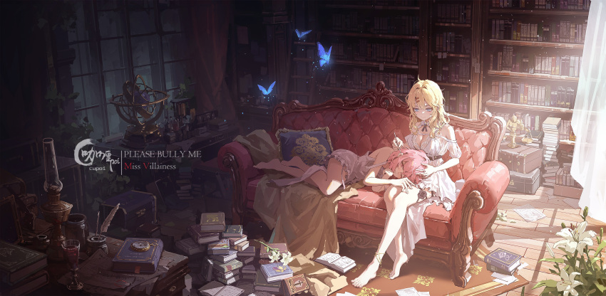 2girls absurdres anklet bare_legs barefoot blue_eyes book book_stack bookshelf breasts bug butterfly chigalidepoi cleavage closed_mouth clothing_cutout compass couch dress ear_cleaning full_body hair_ornament hairclip highres indoors jewelry lying medium_breasts multiple_girls oil_lamp on_side one_eye_closed original pink_hair red_eyes short_dress shoulder_cutout signature sitting smile title watermark weighing_scale white_dress wooden_floor