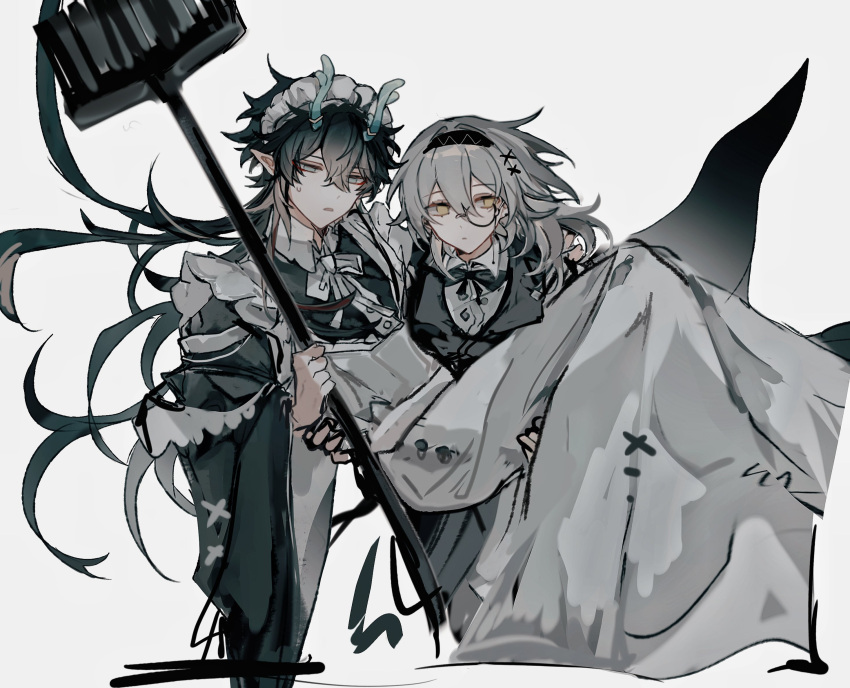 1boy 1girl alternate_costume apron aqua_eyes aqua_horns broom carrying crossdressing dan_heng_(honkai:_star_rail) dan_heng_(imbibitor_lunae)_(honkai:_star_rail) dragon_boy frills grey_hair hair_between_eyes hairband highres holding holding_broom honkai:_star_rail honkai_(series) horns maid_apron maid_headdress monocle mulihaohao pointy_ears princess_carry stelle_(honkai:_star_rail) trailblazer_(honkai:_star_rail) white_background yellow_eyes