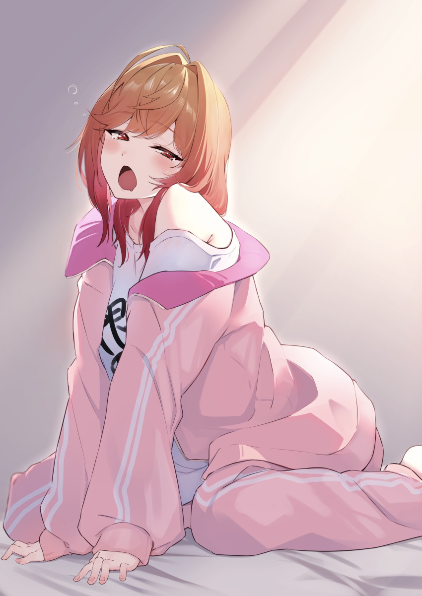 1girl absurdres bare_shoulders bed_sheet blush from_side gradient_hair highres hololive ichijou_ririka inuinuo_gataken jacket long_hair long_sleeves multicolored_hair on_bed open_clothes open_jacket open_mouth orange_hair pants pink_jacket pink_pants red_eyes red_hair shirt solo tearing_up track_jacket virtual_youtuber white_shirt yawning