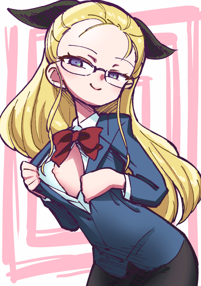 alternate_costume assam bespectacled black_ribbon black_skirt blazer blonde_hair blue_eyes blue_jacket bow bowtie breasts closed_mouth commentary dress_shirt eisu_(eith) girls_und_panzer glasses hair_pulled_back hair_ribbon highres jacket leaning_forward long_hair looking_at_viewer nipples open_clothes open_jacket open_shirt red_neckwear ribbon shirt skirt small_breasts smile solo standing upper_body white_shirt