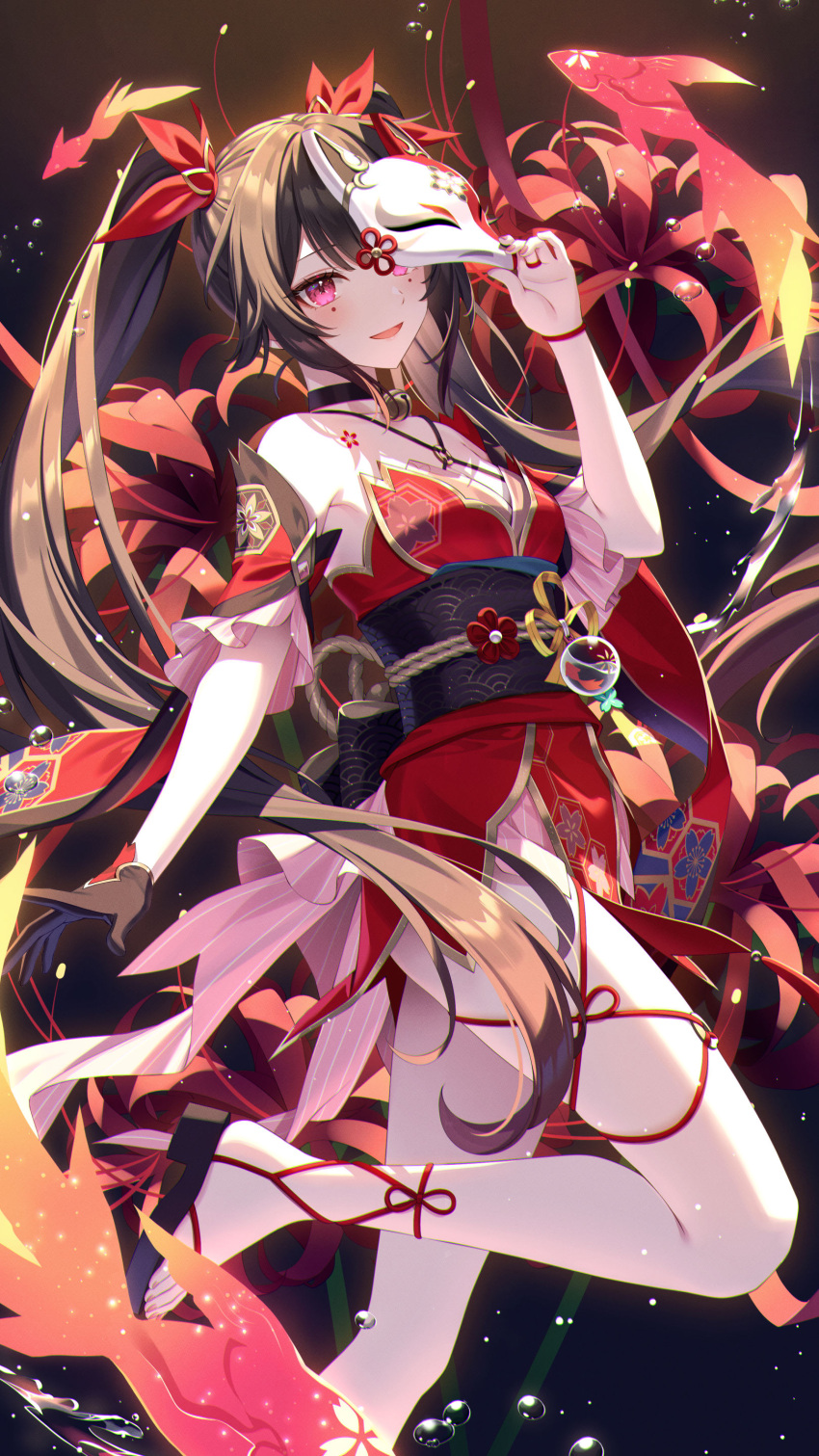 1girl absurdres bare_shoulders bell black_choker black_gloves bow breasts brown_hair bshi_edayo choker dress fox_mask gloves hair_bow highres honkai:_star_rail honkai_(series) long_hair looking_at_viewer mask mask_on_head neck_bell open_mouth pink_eyes red_dress smile solo sparkle sparkle_(honkai:_star_rail) standing standing_on_one_leg twintails