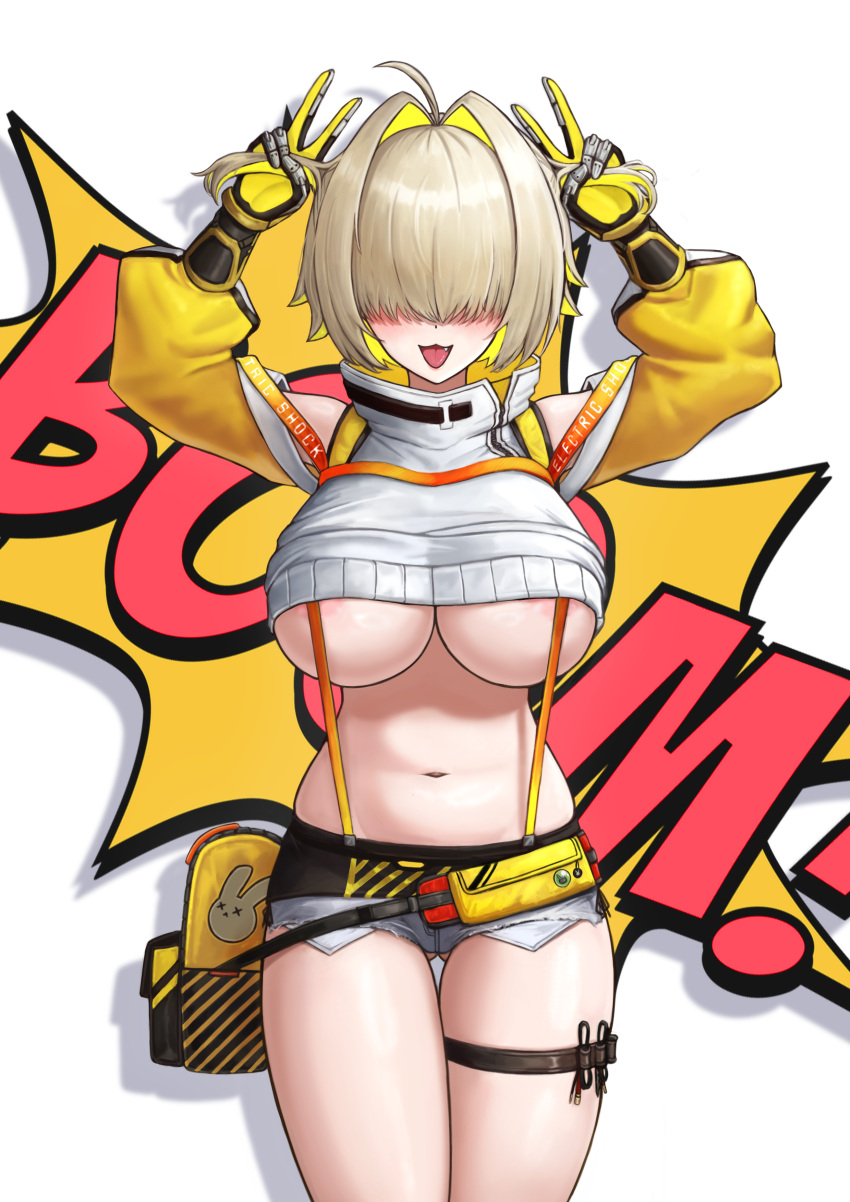 1girl :3 absurdres ahoge areola_slip blonde_hair breasts clothing_cutout cropped_jacket cropped_legs double_v elegg_(nikke) fang gloves goddess_of_victory:_nikke hair_intakes hair_over_eyes highres ilbanseomin jacket large_breasts long_bangs long_sleeves medium_hair navel open_mouth short_shorts shorts shoulder_cutout solo standing thigh_strap tongue underboob v white_jacket