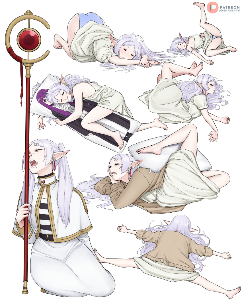 1girl absurdres ass blunt_bangs closed_eyes dakimakura_(object) dismaiden earrings elf expressions fern_(sousou_no_frieren) frieren green_eyes highres hugging_object implied_yuri jewelry long_hair multiple_views open_mouth panties pillow pillow_hug pointy_ears purple_eyes purple_hair purple_pupils sleeping sleeping_upright sousou_no_frieren twintails underwear white_hair white_panties