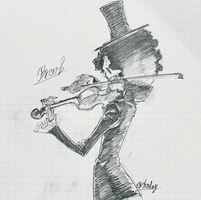 1boy afro black_hair brook_(one_piece) from_side graphite_(medium) hand_up hat highres holding holding_instrument holding_violin instrument layered_sleeves male_focus music one_piece photo_(medium) playing_instrument profile shalay_tanza18 short_hair skeleton solo suit top_hat traditional_media upper_body violin