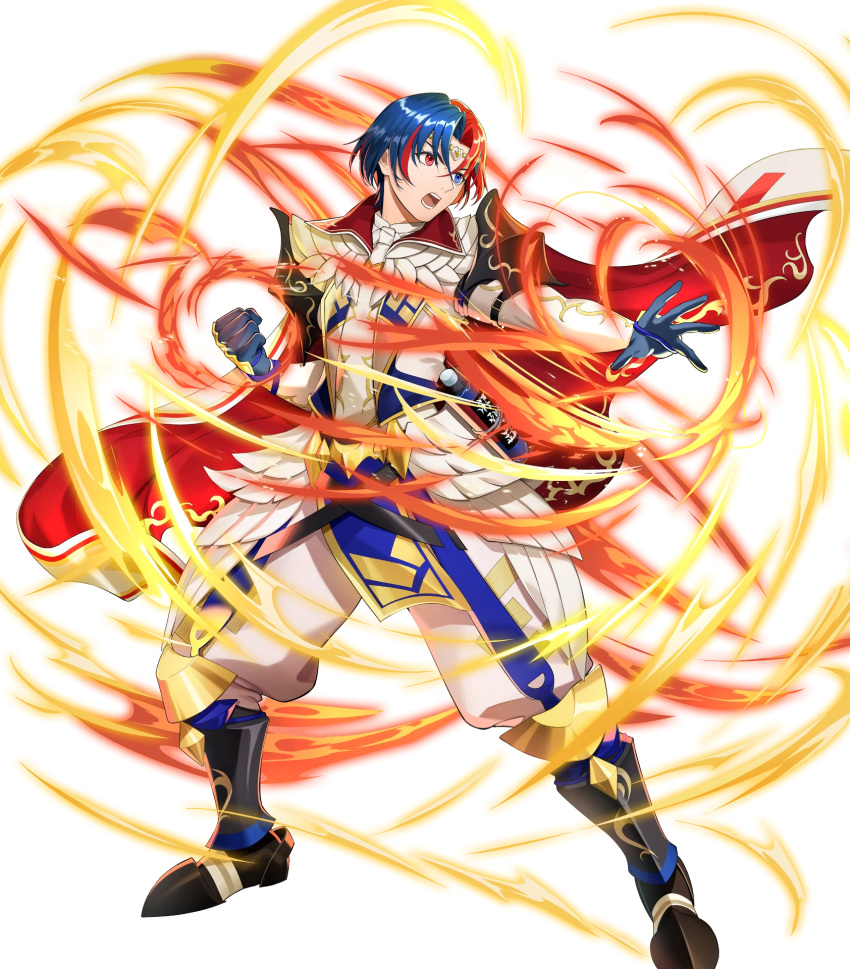 1boy alear_(engaging_fire)_(fire_emblem) attack black_footwear blue_eyes blue_gloves blue_hair cape circletewhite_cape clenched_hand fire_emblem fire_emblem_engage gloves gold_trim heterochromia highres mikurou_(nayuta) multicolored_cape multicolored_clothes non-web_source official_alternate_costume open_mouth pelvic_curtain red_cape red_eyes red_hair scroll solo upper_body white_cape