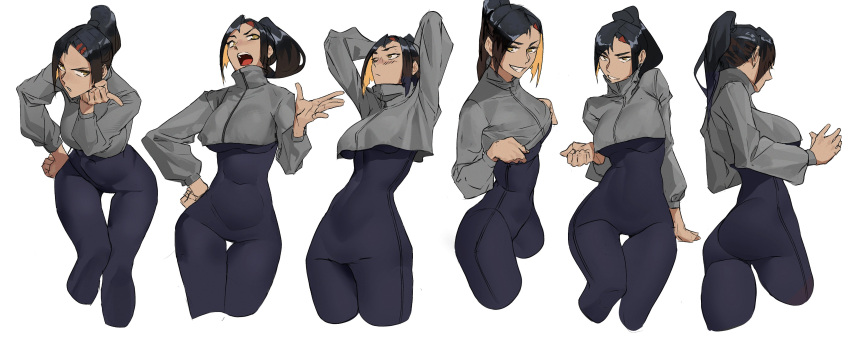 1girl absurdres ass black_hair breasts grey_sweater_vest highres jumpsuit looking_at_viewer multiple_views original ponytail ribbon short_hair sweater_vest tbocart yellow_eyes