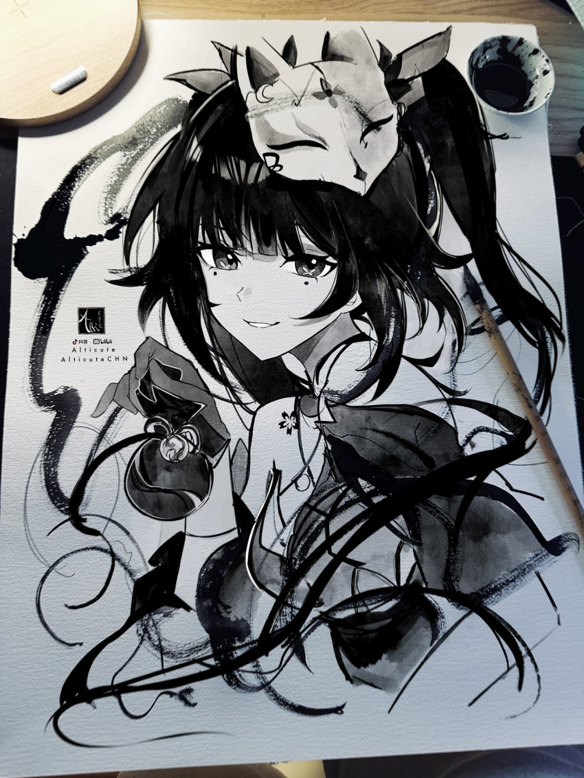 1girl :d alticute art_tools_in_frame artist_name bag bare_shoulders bow breasts calligraphy_brush calligraphy_brush_(medium) desk dress fox_mask from_side gloves greyscale grin hair_bow highres holding holding_bag honkai:_star_rail honkai_(series) large_breasts long_bangs long_hair looking_at_viewer mask mask_on_head monochrome open_mouth paintbrush paper photo_(medium) sidelocks sleeveless sleeveless_dress smile solo sparkle_(honkai:_star_rail) teeth traditional_media twintails very_long_hair