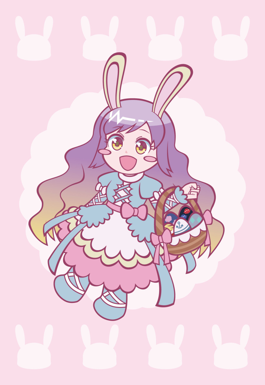adapted_costume animal_ears animal_print basket blonde_hair blush blush_stickers bow brown_hair bunny_ears bunny_print commentary_request cross-laced_clothes cross-laced_footwear easter easter_egg egg gradient_hair highres hijiri_byakuren layered_clothing long_hair multicolored_hair obakeneko purple_hair simple_background smile solo touhou wavy_hair yellow_eyes