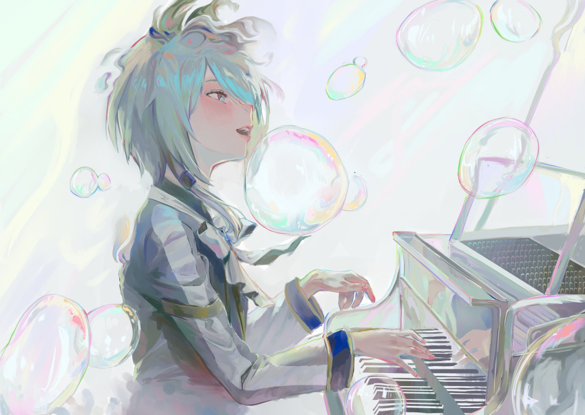 1girl animal_ears blue_hair bow bowtie bubble esubui grey_hair grey_jacket hair_over_one_eye highres horse_ears instrument jacket k.s.miracle_(umamusume) long_sleeves music open_mouth piano playing_instrument playing_piano short_hair smile solo umamusume upper_body warped