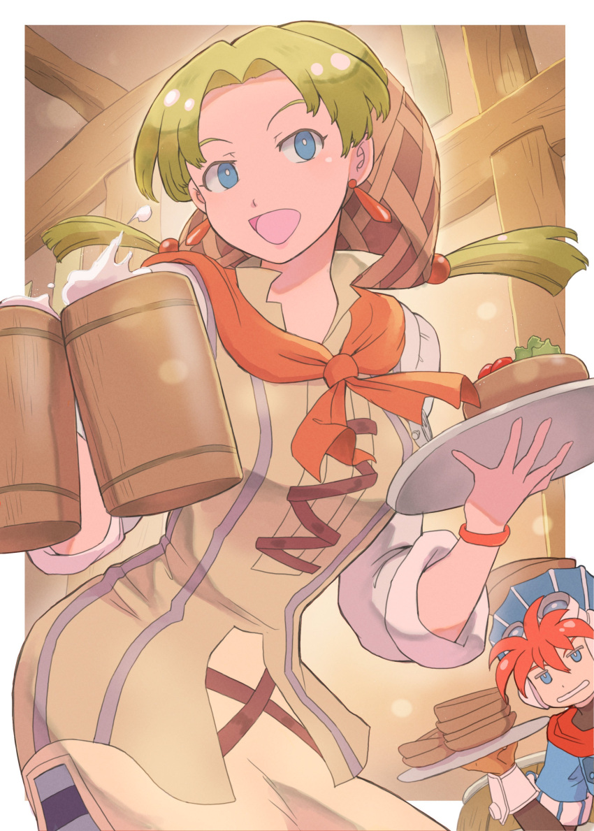 1boy 1girl absurdres breasts cross-laced_clothes earrings food grandia grandia_i green_hair hair_net hair_ornament highres holding jewelry justin_(grandia) k_katora lily_(grandia) long_hair looking_at_viewer low-tied_long_hair mother_and_son open_mouth smile