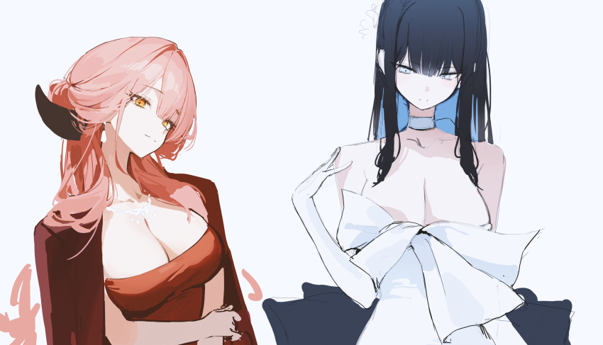 2girls absurdres aru_(blue_archive) aru_(dress)_(blue_archive) blue_archive blue_eyes blue_hair breasts choker cleavage coat coat_on_shoulders dress highres horns multiple_girls orange_eyes pink_hair pro-p red_coat red_dress saori_(blue_archive) saori_(dress)_(blue_archive) simple_background upper_body white_background white_dress