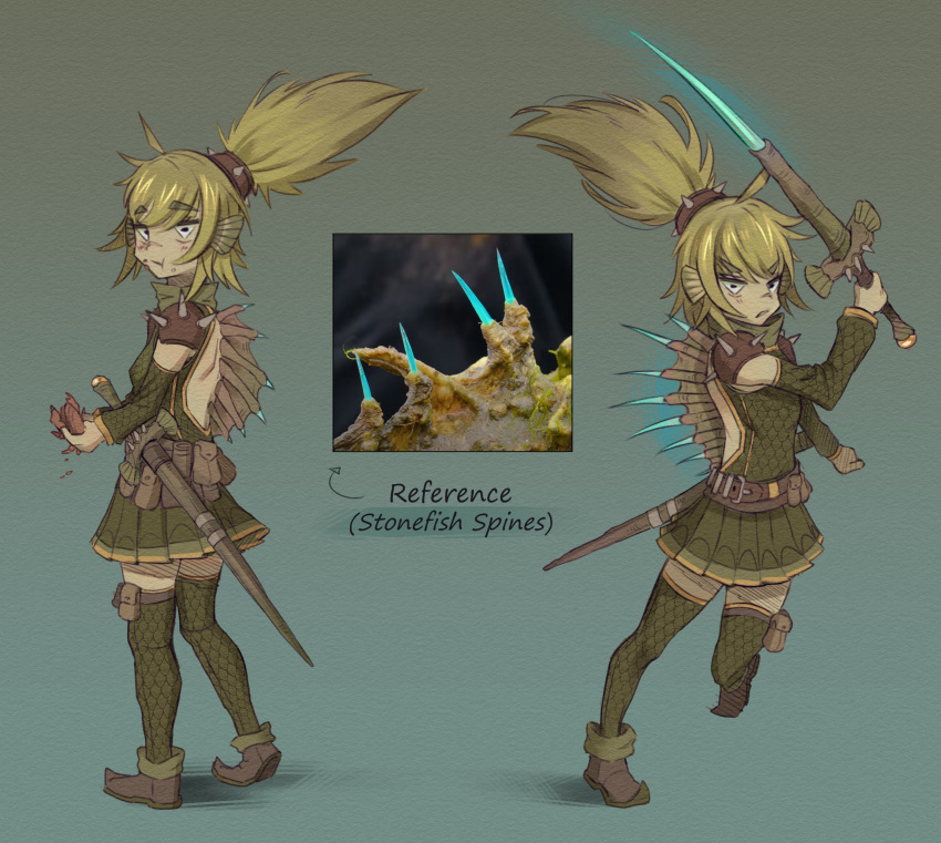 animal_humanoid biped clothed clothing ear_fins english_text female fin fish fish_humanoid hair hi_res holding_object holding_sword holding_weapon humanoid marine marine_humanoid melee_weapon rappenem reference_image solo spikes spikes_(anatomy) stonefish_humanoid sword text weapon