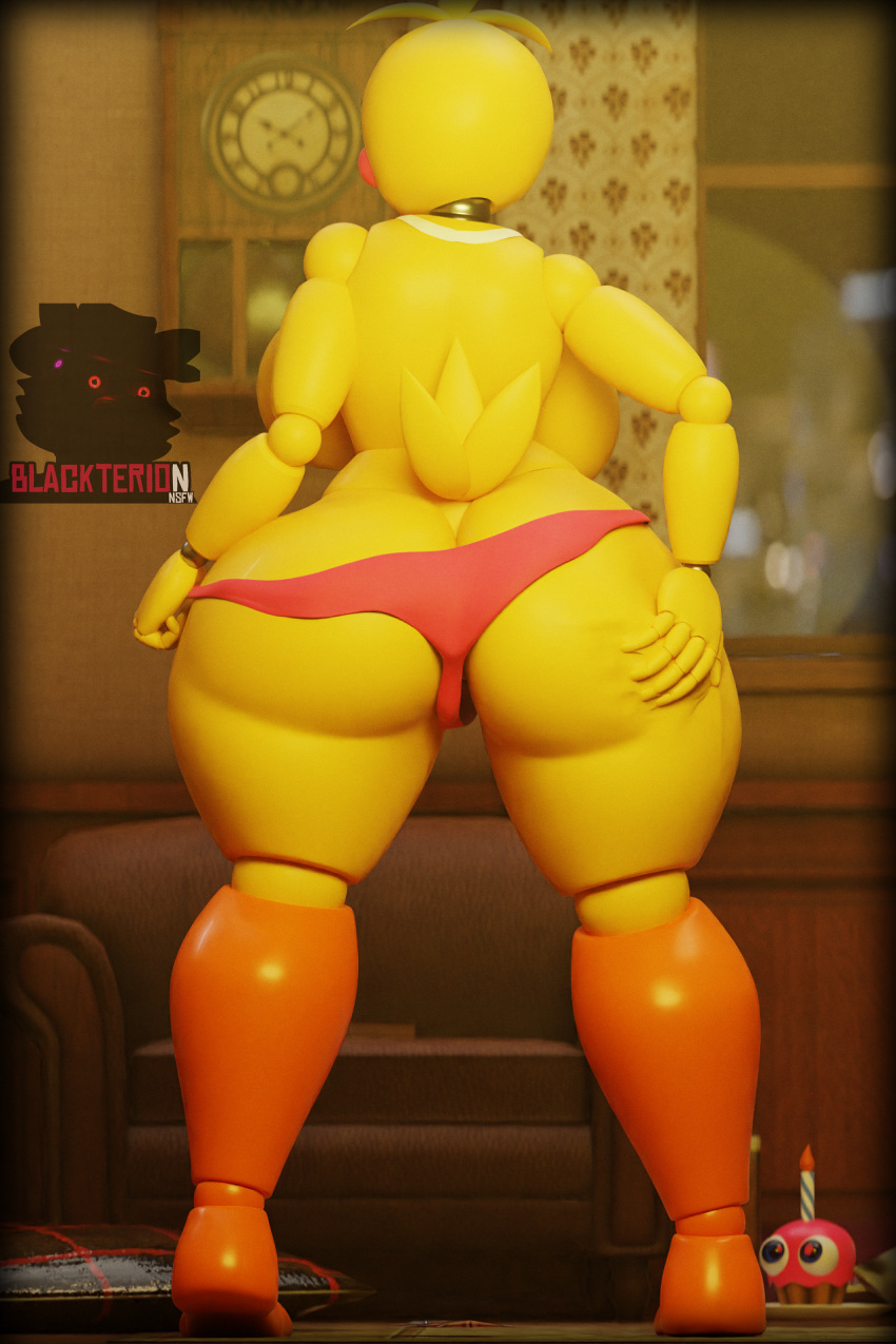 3d_(artwork) anthro avian big_breasts big_butt bird blackterio blender_(software) breasts butt butt_focus butt_grab chica_(fnaf) chicken clothing digital_media_(artwork) female five_nights_at_freddy's five_nights_at_freddy's_2 galliform gallus_(genus) hand_on_butt hi_res phasianid pink_clothing pink_thong pink_underwear rear_view scottgames solo thick_thighs thong toy_chica_(fnaf) underwear yellow_body