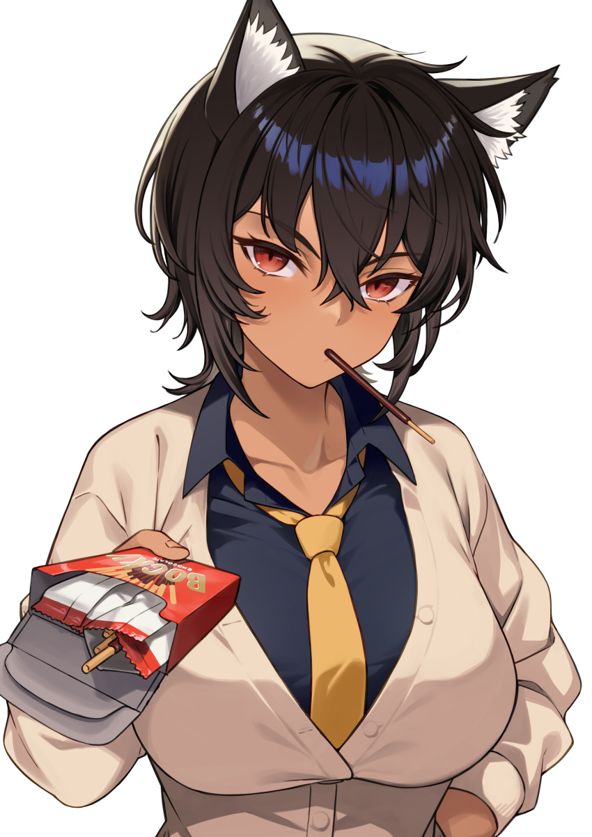 1girl absurdres animal_ear_fluff animal_ears black_hair black_shirt brand_name_imitation breasts brown_eyes brown_hair buttons chocolate collarbone dress_shirt fingernails food food_in_mouth giving hand_in_pocket highres incoming_food large_breasts light_blush long_bangs looking_at_viewer multicolored_hair necktie original parody pocky pocky_in_mouth pov shadow shirt slit_pupils solo sweater takunomi tan two-tone_hair valentine white_background wolf_ears wolf_girl