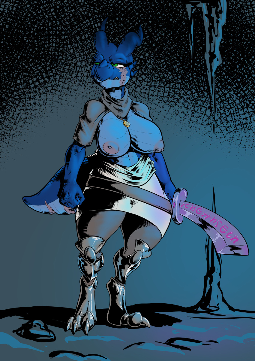 absurd_res anthro armor big_breasts breasts claws clothing female hi_res horn humanoid kobold leo_(nutty_butty) lugen_kobold melee_weapon scalie scar short_stack simple_background solo sword tail thick_thighs weapon
