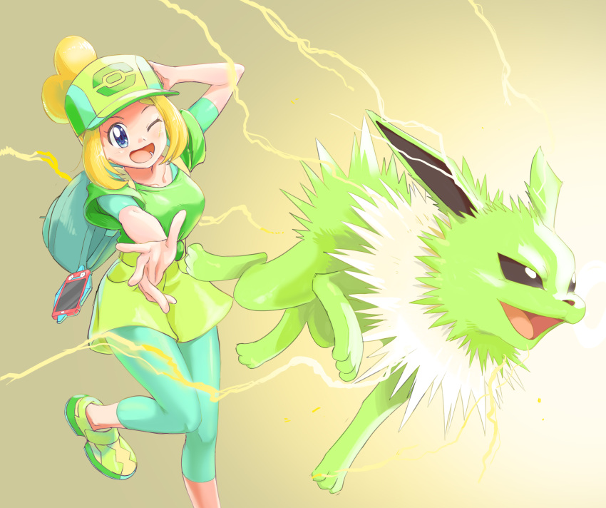 ;d absurdres alternate_color backpack bag bettie_(pokemon) blonde_hair blue_eyes electricity green_shirt hair_bun hat highres jolteon leg_up leggings_under_shorts official_alternate_color one_eye_closed open_mouth pokemon pokemon_(creature) pokemon_masters_ex poryphone shiny_pokemon shirt shoes shorts single_hair_bun smile u4_99384295 yellow_shorts