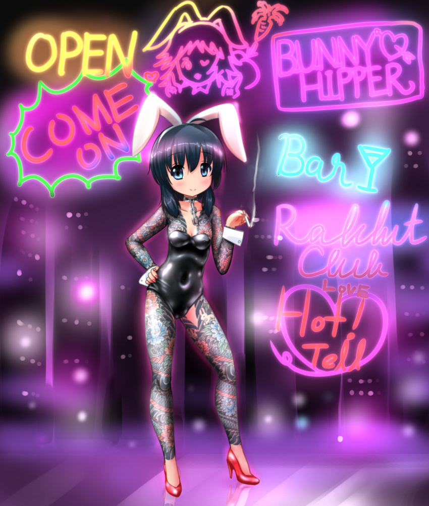 1girl ahoge black_hair blue_eyes breasts bunny bunny_ears bunnysuit chain_necklace cigar cityscape dragon flower full_body_tattoo high_heels highres irezumi long_hair nail_polish navel neon_lights original seiji_(artist) tattoo yakuza