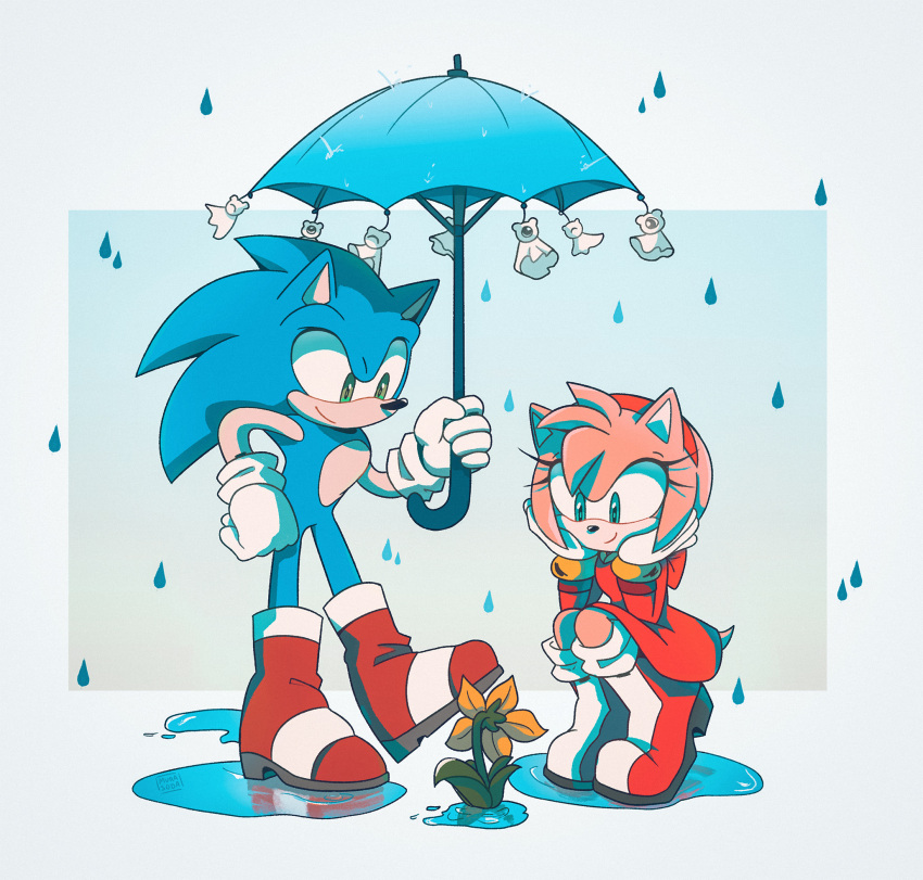 1boy 1girl ame_(beeames) amy_rose blue_umbrella boots border bracelet closed_mouth commentary dress elbow_rest eyelashes flower furry furry_female furry_male gloves gold_bracelet gradient_background green_eyes hairband hand_on_own_hip hand_up head_rest hedgehog_boy hedgehog_girl highres holding holding_umbrella jewelry long_sleeves looking_down outside_border puddle rain red_dress red_footwear red_hairband simple_background smile smirk sonic_(series) sonic_the_hedgehog squatting standing symbol-only_commentary teruterubouzu umbrella water white_border white_gloves yellow_flower