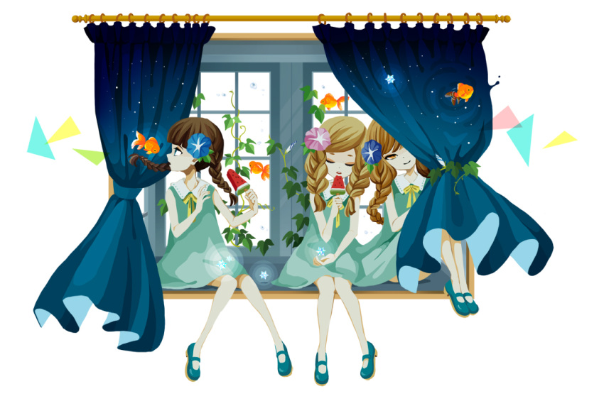 3girls :o blonde_hair blue_eyes blue_flower blunt_bangs braid brown_hair closed_eyes closed_mouth collared_dress curtains dress fish flower food green_dress green_footwear hair_flower hair_ornament holding holding_food holding_popsicle leaf multiple_girls nona_drops open_mouth orange_eyes original pink_flower popsicle ribbon siblings simple_background sitting swept_bangs twin_braids twins watermelon_bar white_background window yellow_ribbon