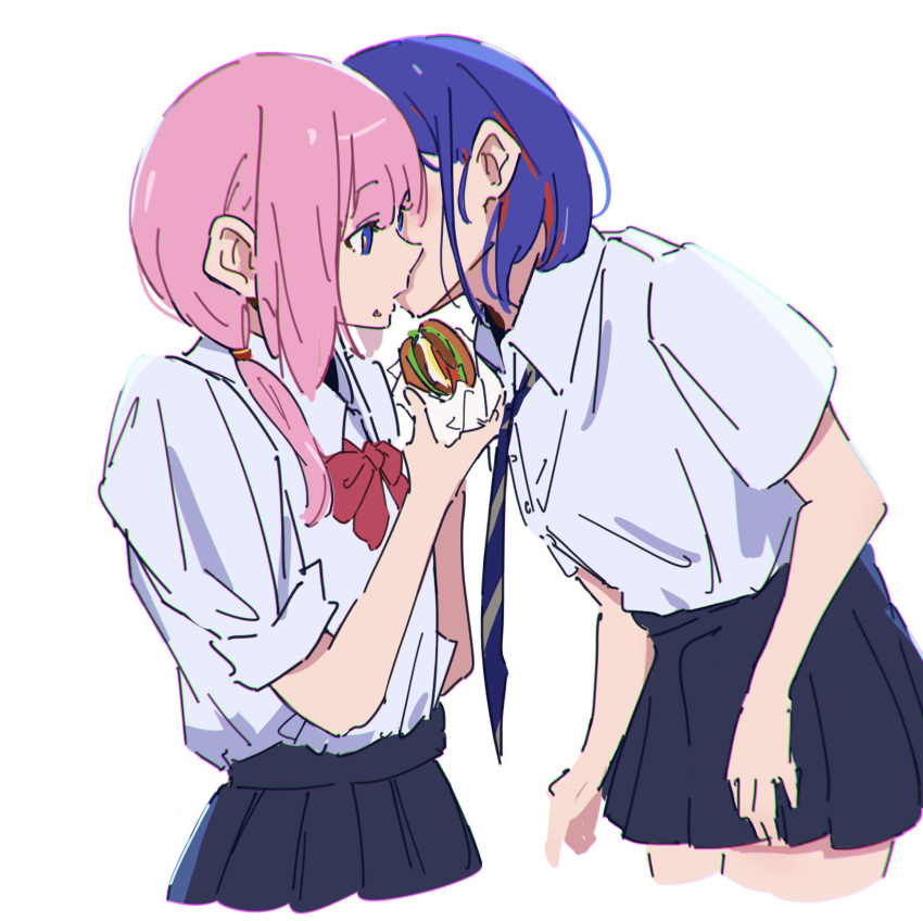 2girls atenaba black_skirt blue_eyes blue_hair blue_necktie bow bowtie burger collared_shirt cowboy_shot food food_on_face highres holding holding_food kaf_(kamitsubaki_studio) kamitsubaki_studio kiss kissing_cheek long_hair multicolored_hair multiple_girls necktie pink_hair pleated_skirt red_bow red_bowtie red_hair rim_(kamitsubaki_studio) school_uniform shirt simple_background skirt sleeves_rolled_up streaked_hair twintails white_background white_shirt yuri