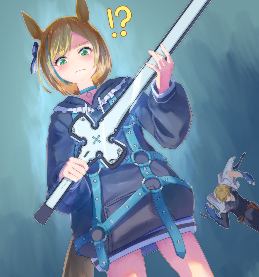 !? 1boy 1girl animal_ears black_shirt blonde_hair blue_background closed_mouth collar crossover frilled_shirt_collar frills green_eyes guilty_gear guilty_gear_strive highres holding holding_sword holding_weapon horse_ears horse_girl horse_tail ky_kiske little_cocon_(umamusume) looking_down multicolored_hair raised_eyebrow rokusuijo running shirt short_hair solo solo_focus streaked_hair sword tail thunderseal umamusume weapon