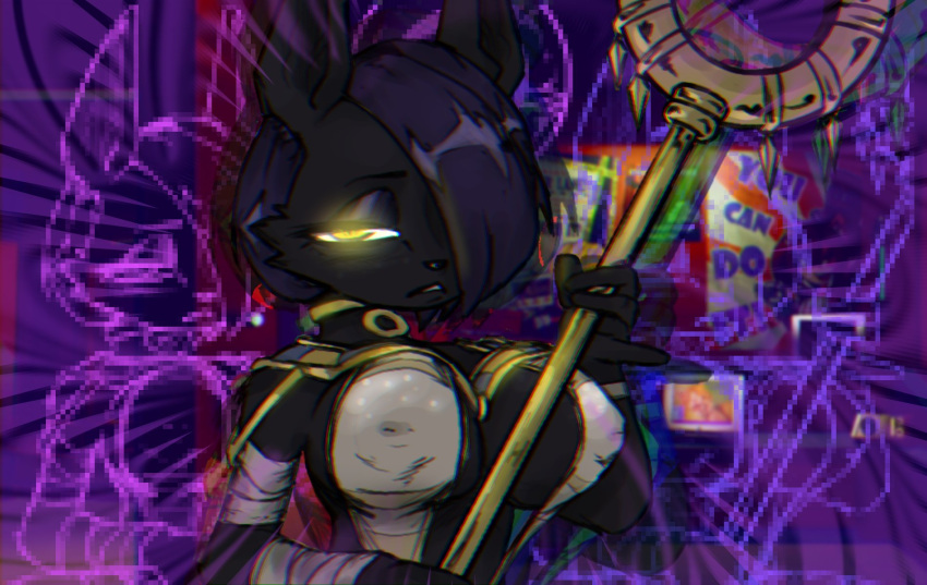 anthro big_breasts breasts clothed clothing felid feline female glowing glowing_eyes hi_res holding_object holding_staff in_heat_(game) mammal nile_(in_heat) solo staff stormkinght yellow_eyes