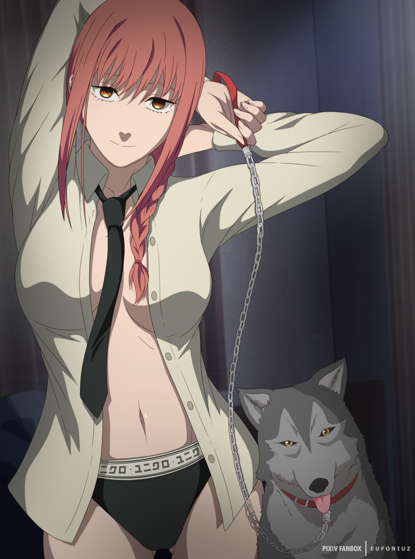 1girl animal_collar arms_behind_head artist_name ass_visible_through_thighs black_necktie black_panties braid breasts brown_eyes chain chain_leash chainsaw_man collar commentary dog eufoniuz hair_over_shoulder highres holding holding_leash large_breasts leash makima_(chainsaw_man) navel necktie no_bra official_style open_clothes open_shirt panties red_hair ringed_eyes single_braid solo underwear upper_body